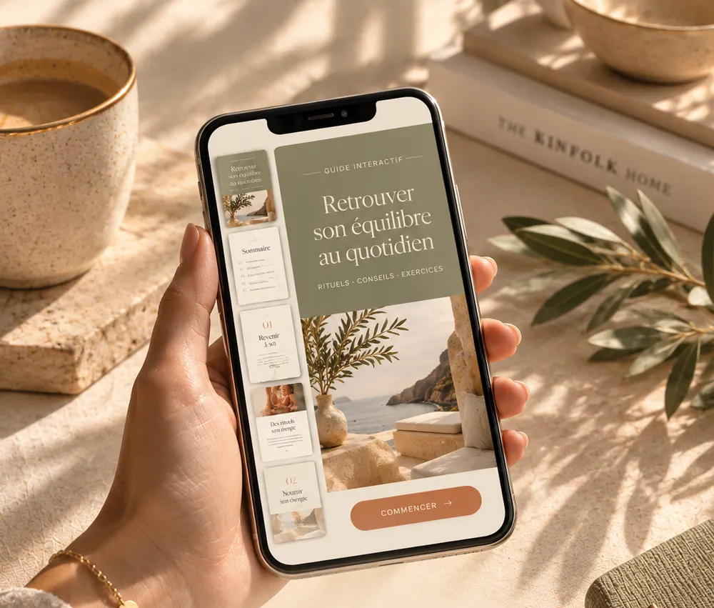 Une main tient un téléphone affichant un ebook interactif intitulé Retrouver son équilibre au quotidien