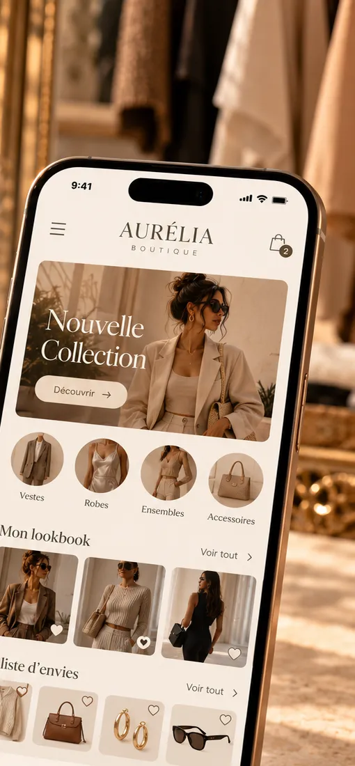 Application d'une boutique de vêtements : nouvelle collection, lookbook et liste d'envies