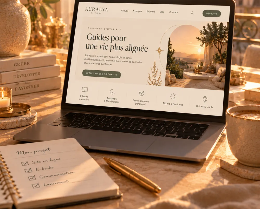Un site mis en ligne sur un ordinateur portable, à côté d'un carnet où les étapes du projet sont cochées
